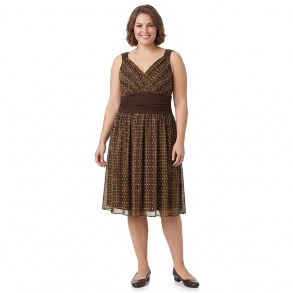 Dressbarn Woman Brown Geometric Print Empire Waist V-Neck Chiffon Dress 16W Midi
